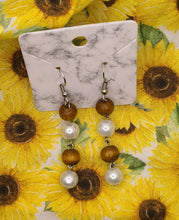 Load image into Gallery viewer, Wood and Pearl Dangle Earrings
